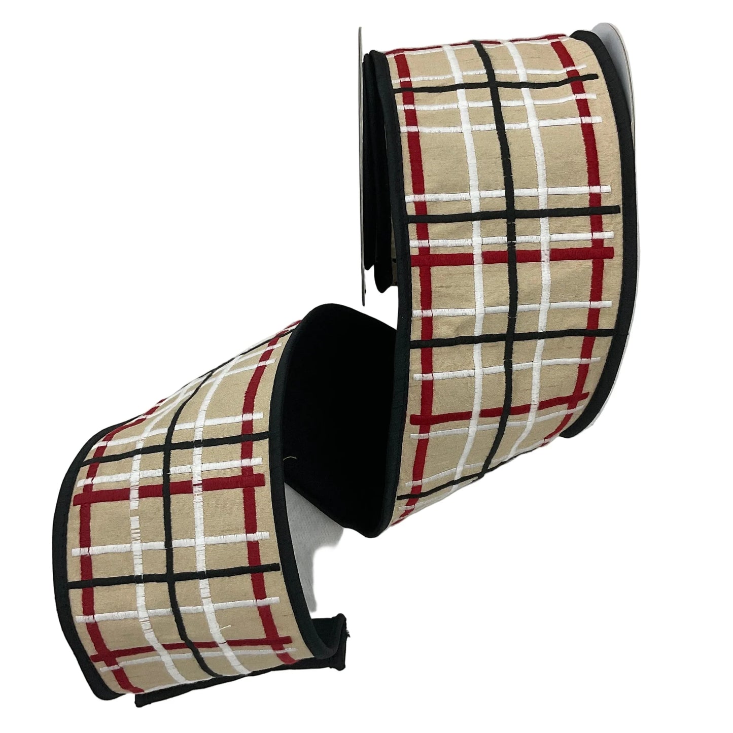 JME 4" Embroidered Khaki, White, Red Plaid Dupion Fused Ribbon