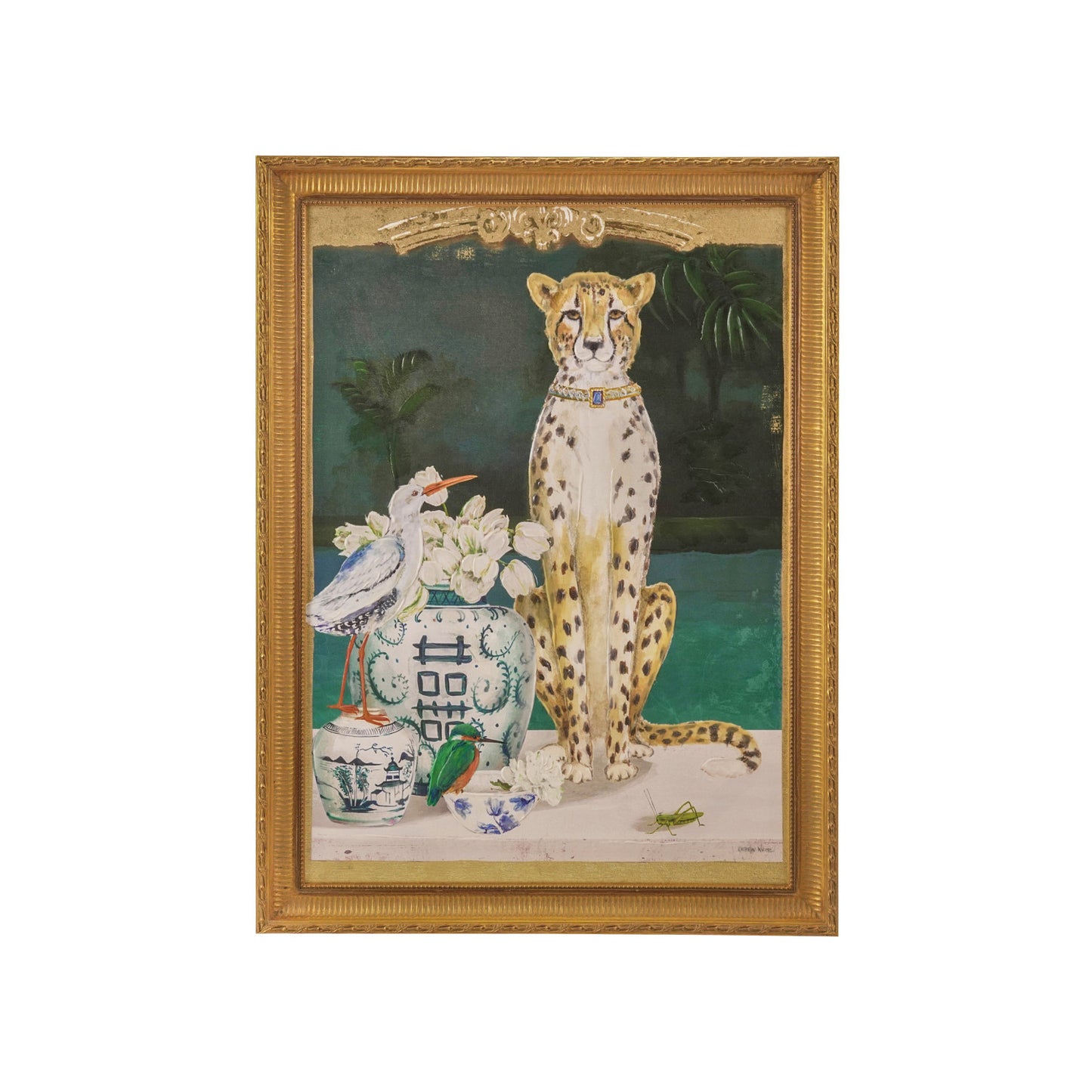 Wood Framed Canvas Wall Décor w/ Cheetah & Urn Image