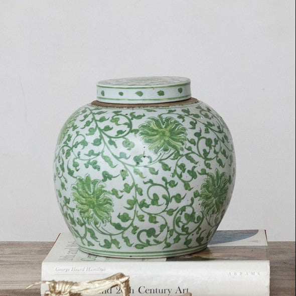 Stoneware Ginger Jar w/ Floral Pattern, Green & White