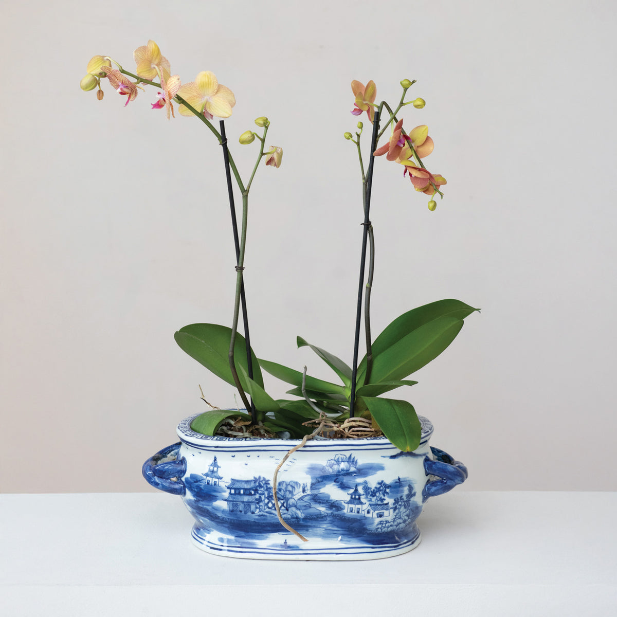Blue & White Oval Stoneware Planter w/ Landscape & Handles