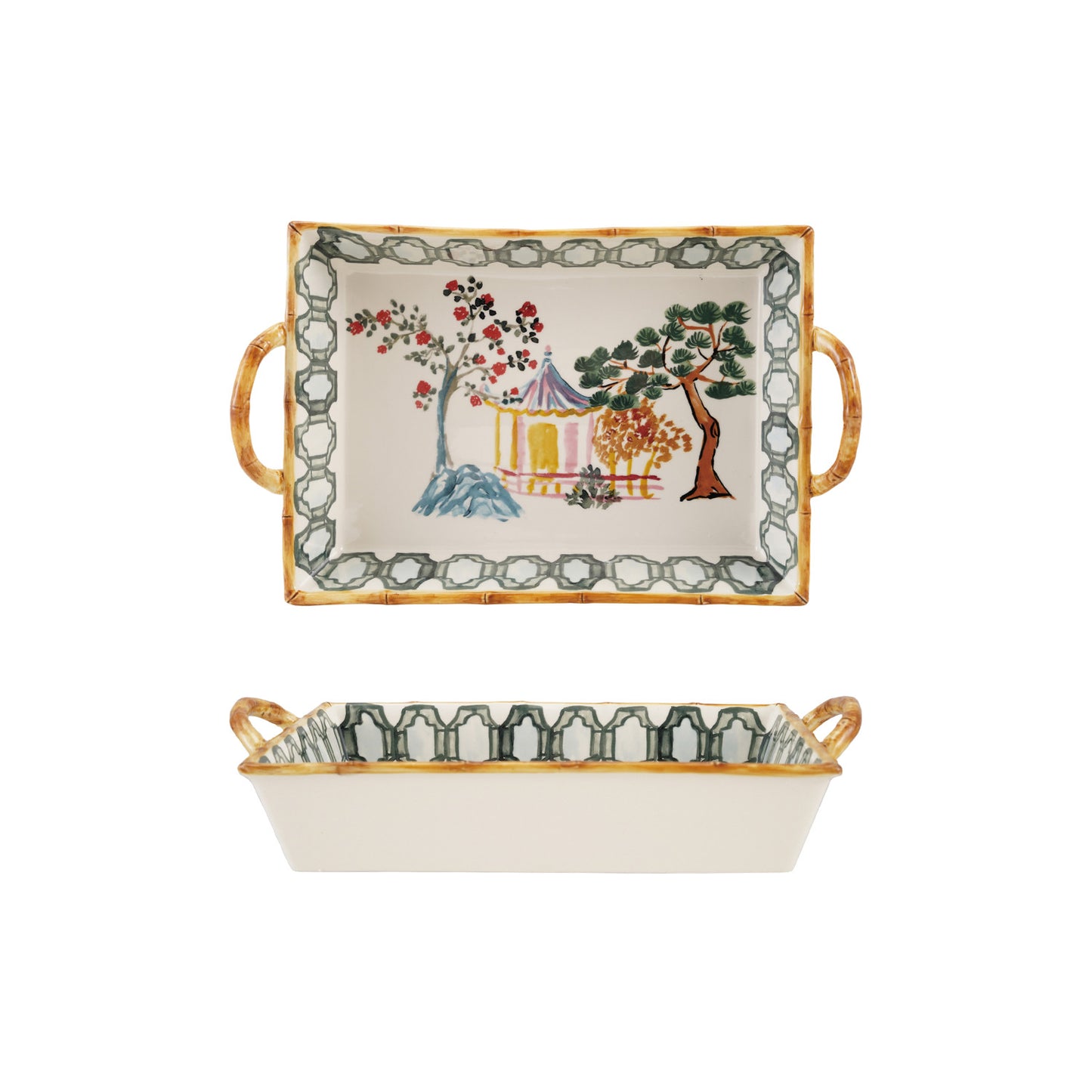 2 Qt. Hand-Painted Stoneware Baker w/ Bamboo Style Edge & Handles