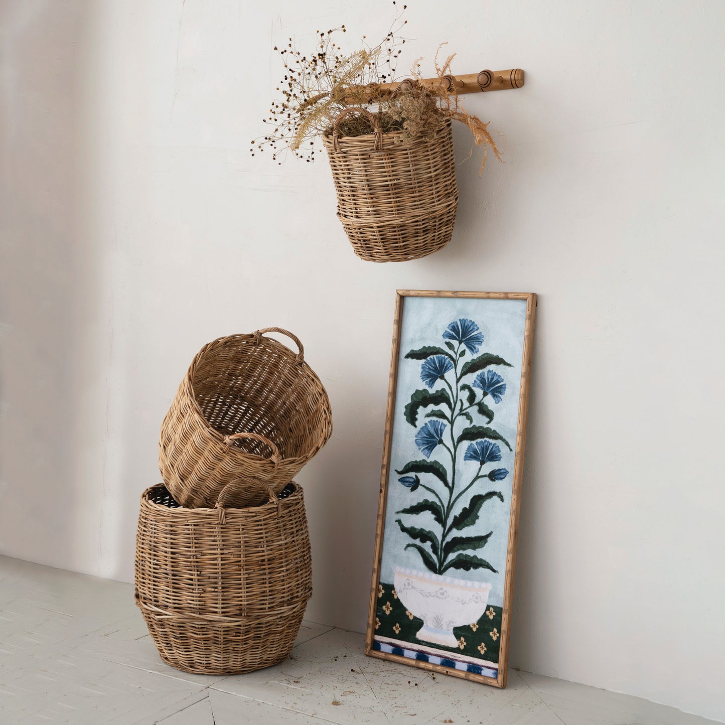 Wood Faux Bamboo Framed Glass Wall Decor w/ Potted Flower