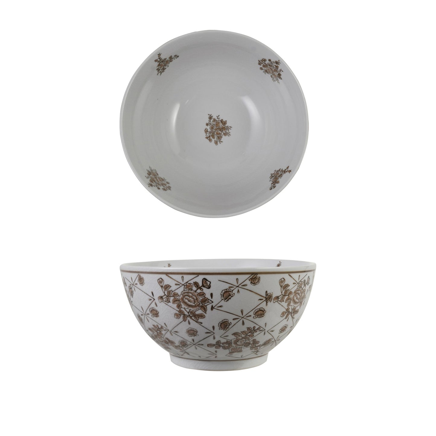 Brown & White Stoneware Bowl w/ Floral Pattern
