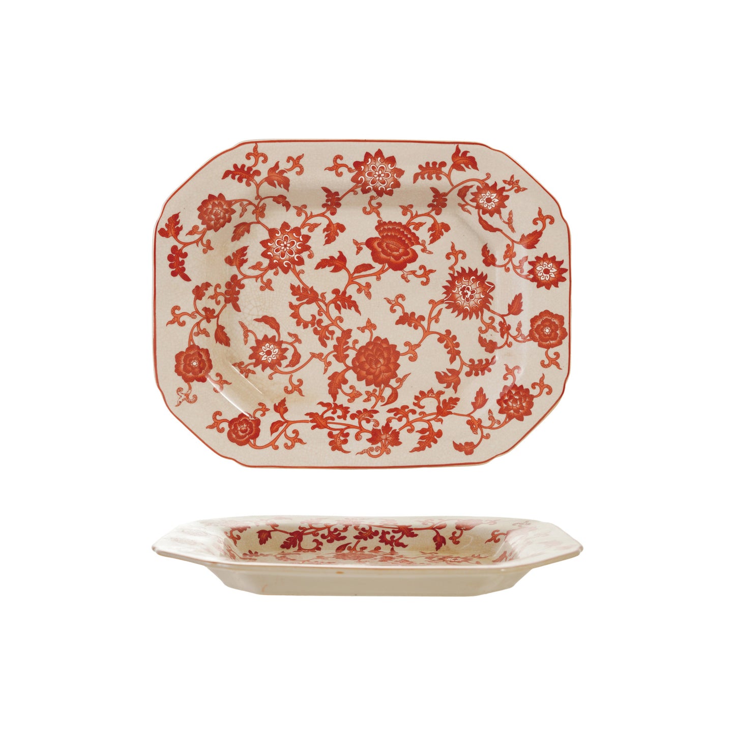 Decorative Stoneware Oblong Tray w/ Botanicals, Orange