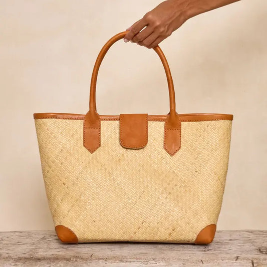 Rattan Tote w/ Rolled Leather Handle