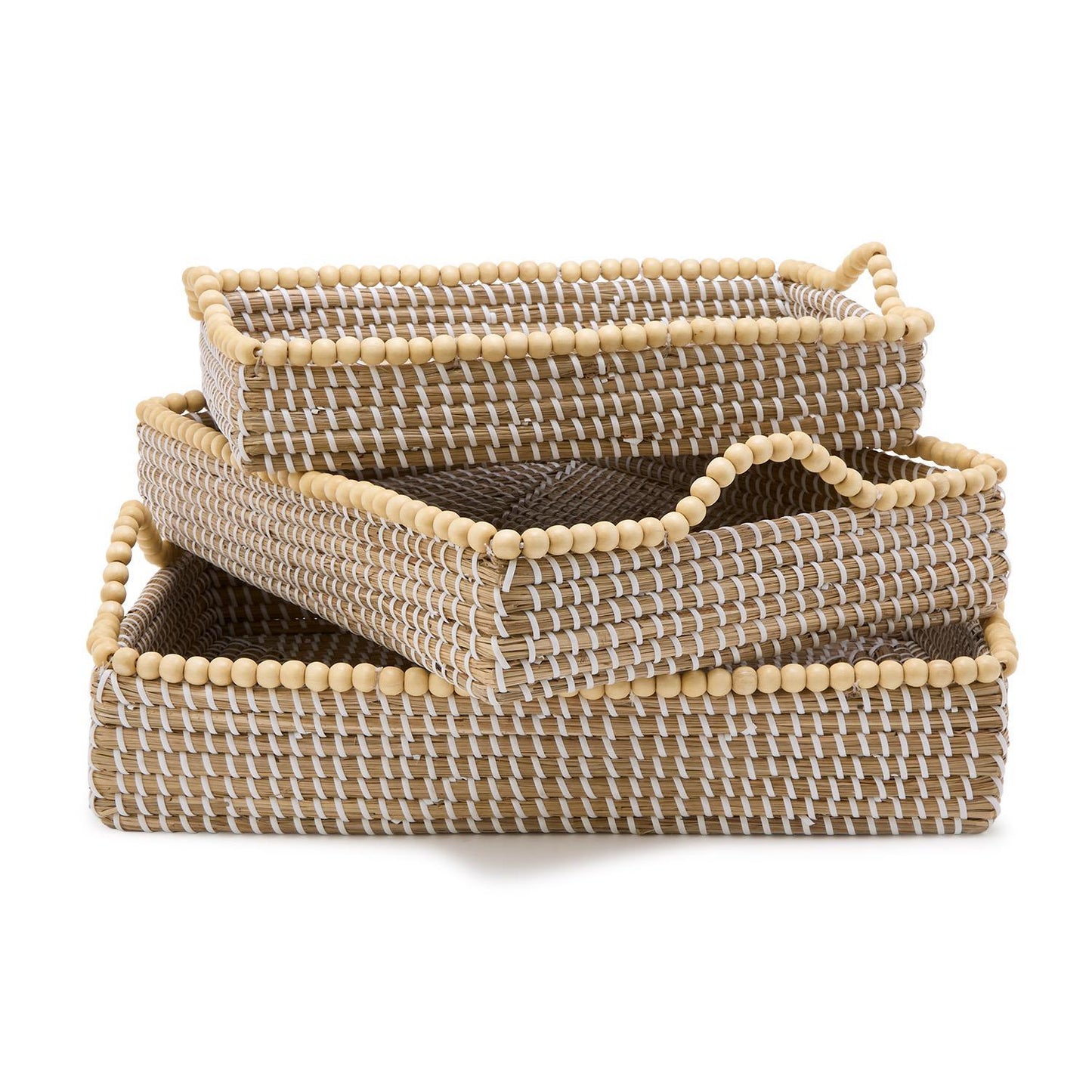 Natural Seagrass Rectangle Trays with Wooden Bead Accent