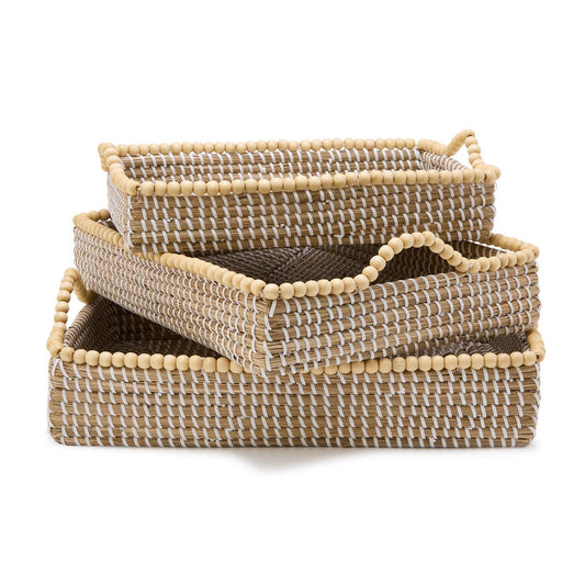 Natural Seagrass Rectangle Trays with Wooden Bead Accent