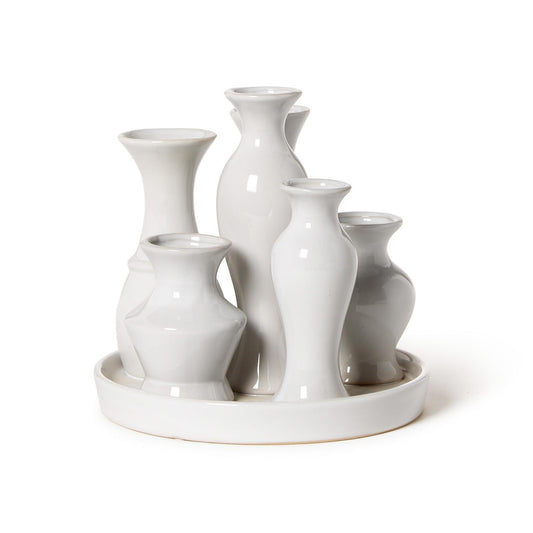 White Glaze Multi Vase with 6 Sections on Platform