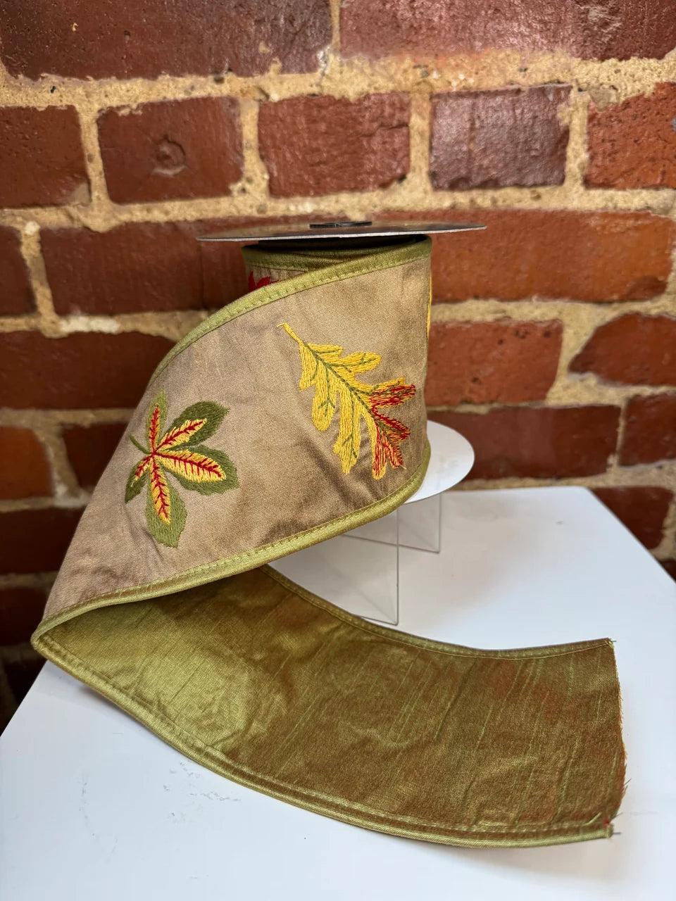 JME 4" Embroidered Fall Leaves Dupion Fused Ribbon
