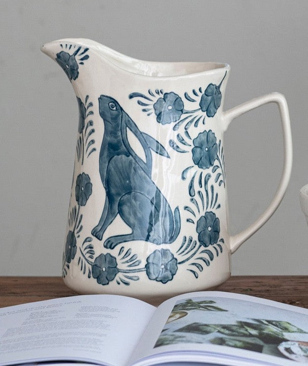 Blue & White Pitcher w/ Rabbit & Flowers