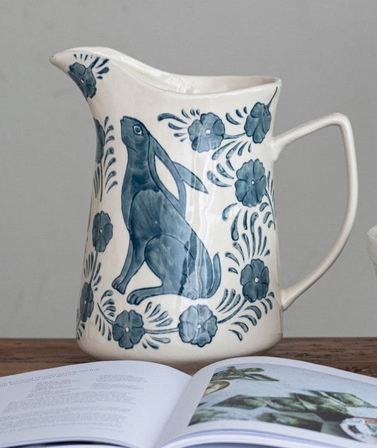 Blue & White Pitcher w/ Rabbit & Flowers