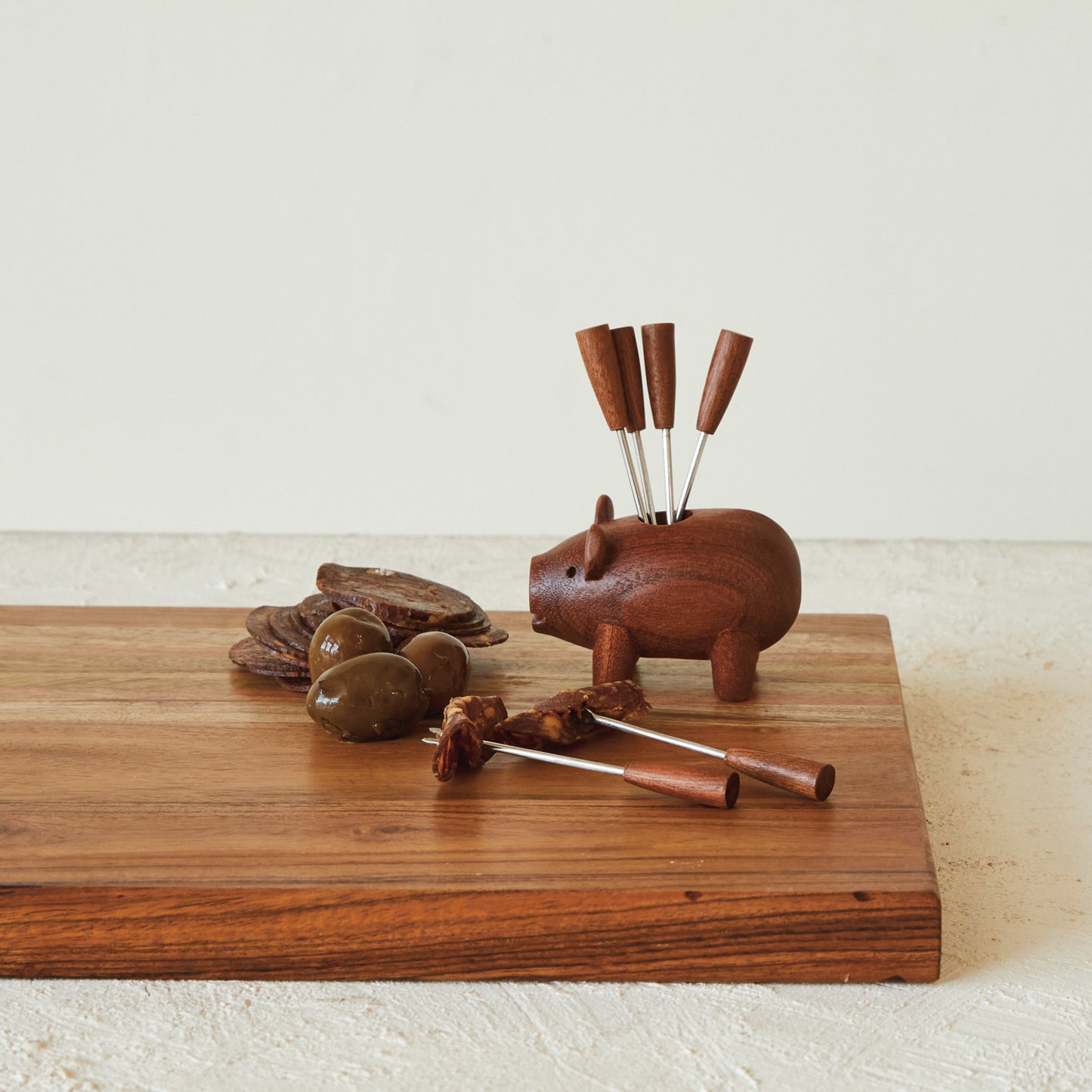 Wood Pig Holder w/ Appetizer Forks