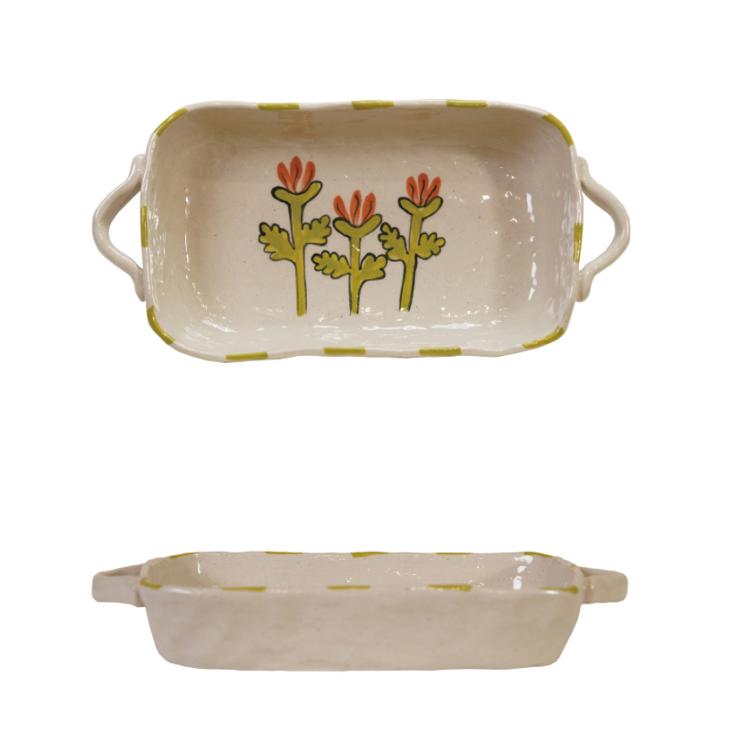 Stoneware Baker w/ Handles & Flowers