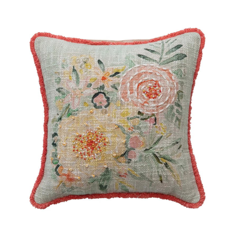 Slub Pillow w/ Embroidered Flowers