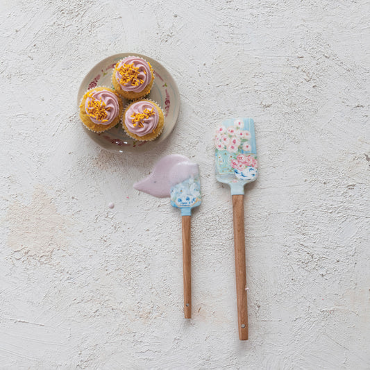 Silicone & Wood Spatulas w/ Floral Pattern