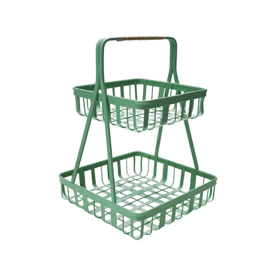 Metal 2-Tier Tray w/ Rattan Wrapped Handle