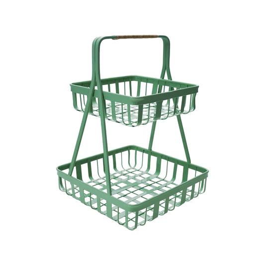 Metal 2-Tier Tray w/ Rattan Wrapped Handle