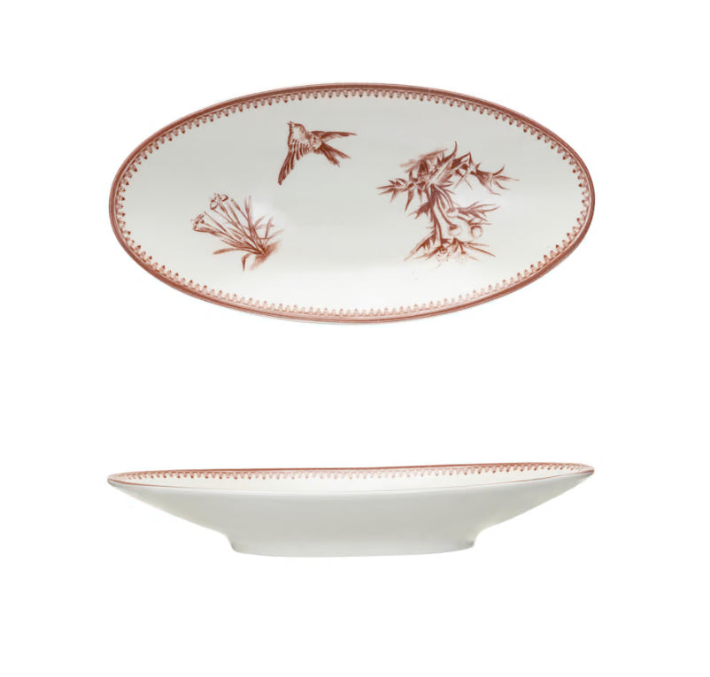 Stoneware Plate w/ Vintage Bird/Botanical