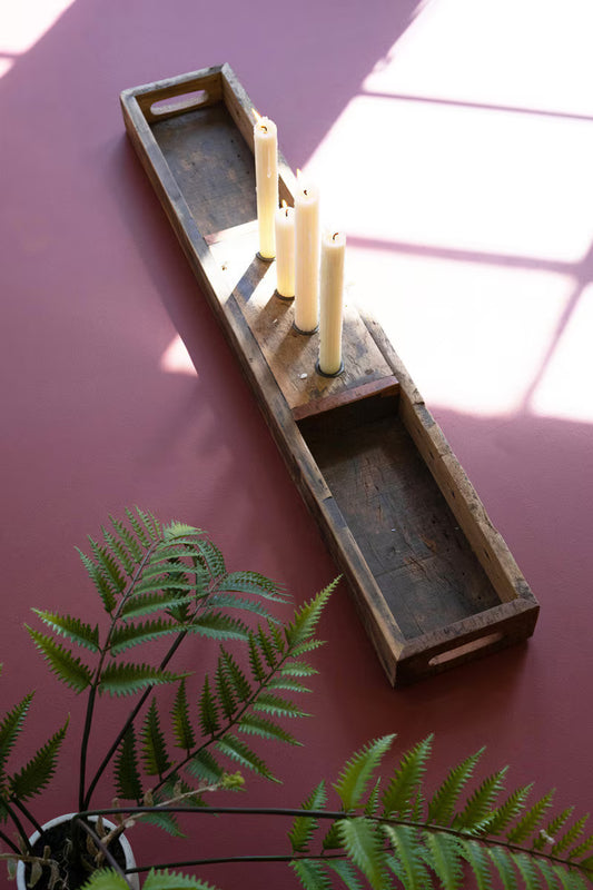 Recycled Wooden Tray w/ Four Taper Candle Holders