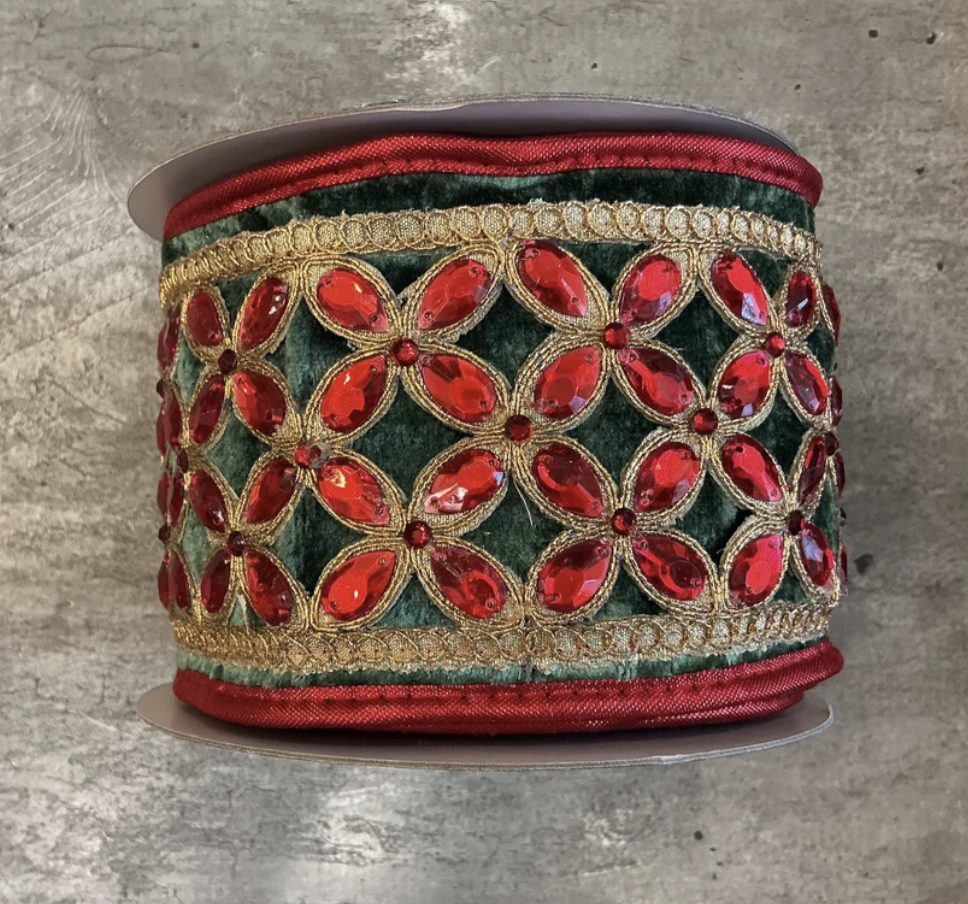 JME 4" Green Velvet Red Floret Center Metallic Dupion Trim Red Ribbon