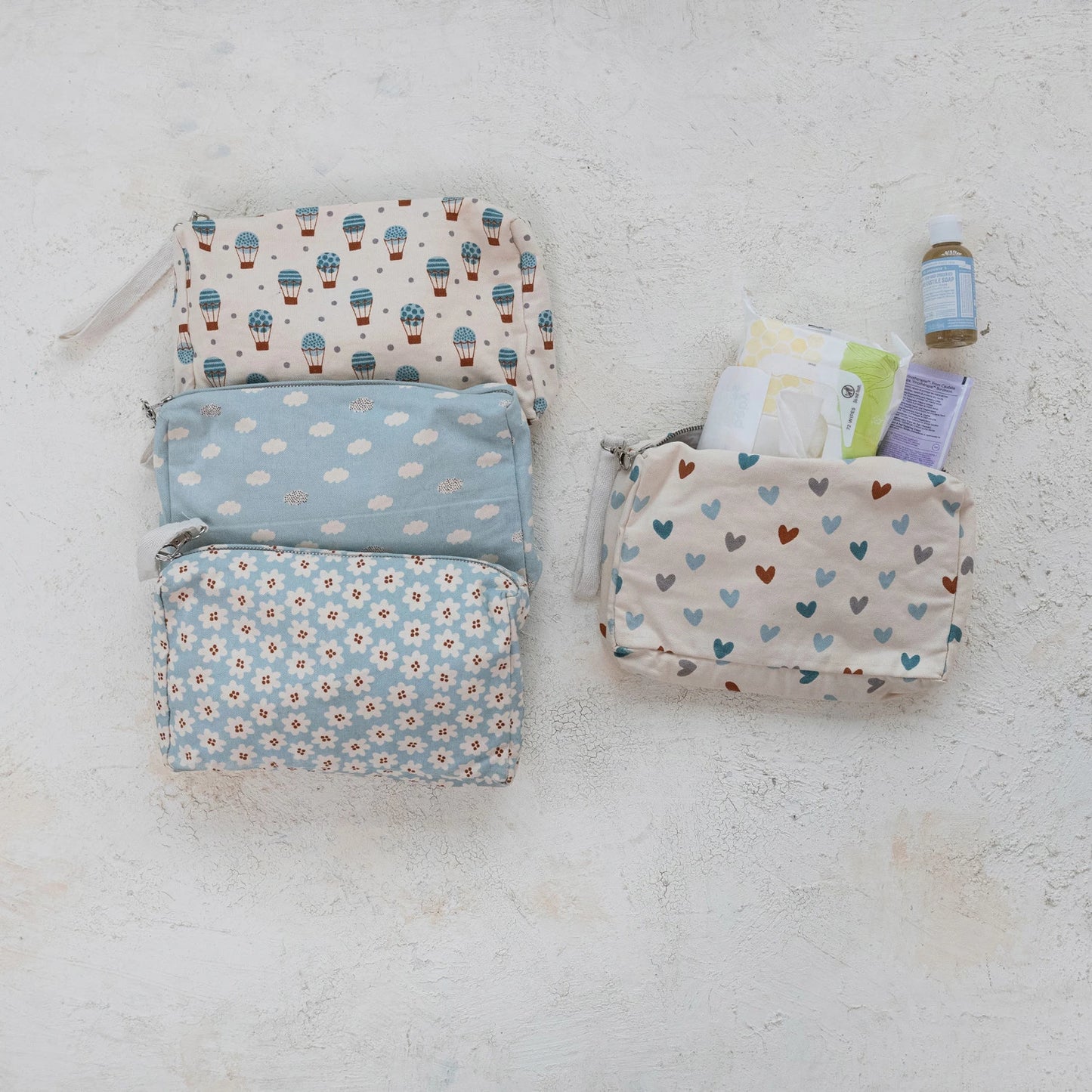Cotton Diaper/Wipe Pouch with Wristlet & Plastic Lining