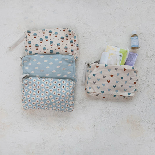 Cotton Diaper/Wipe Pouch with Wristlet & Plastic Lining
