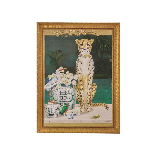Wood Framed Canvas Wall Décor w/ Cheetah & Urn Image
