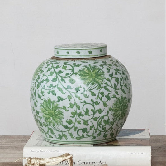 Stoneware Ginger Jar w/ Floral Pattern, Green & White