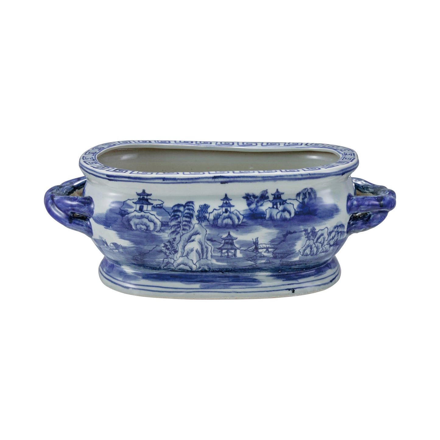 Blue & White Oval Stoneware Planter w/ Landscape & Handles