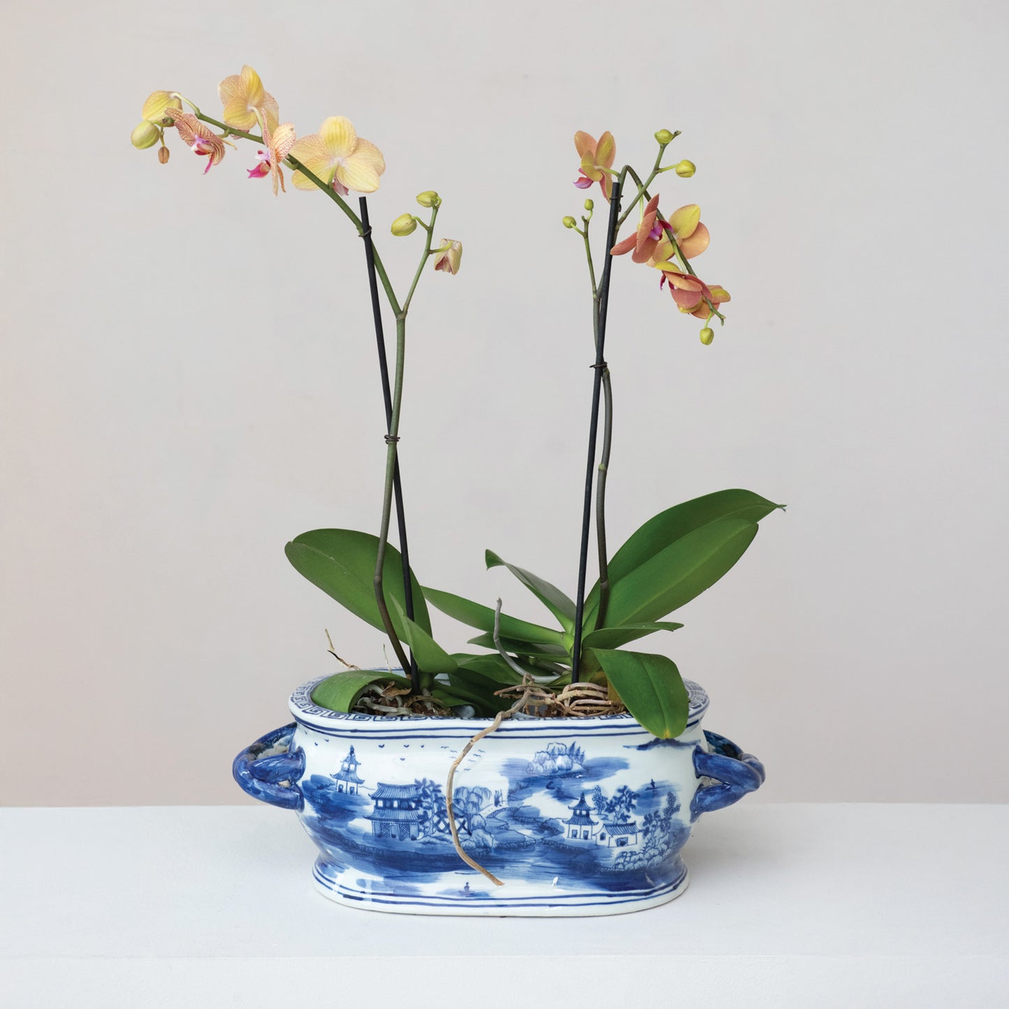 Blue & White Oval Stoneware Planter w/ Landscape & Handles