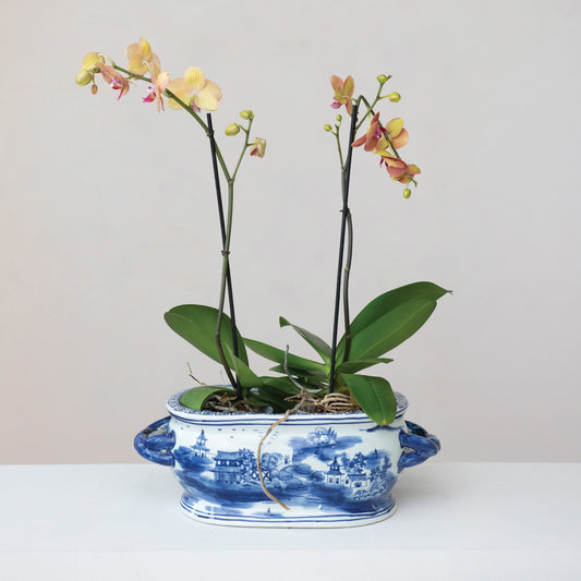 Blue & White Oval Stoneware Planter w/ Landscape & Handles