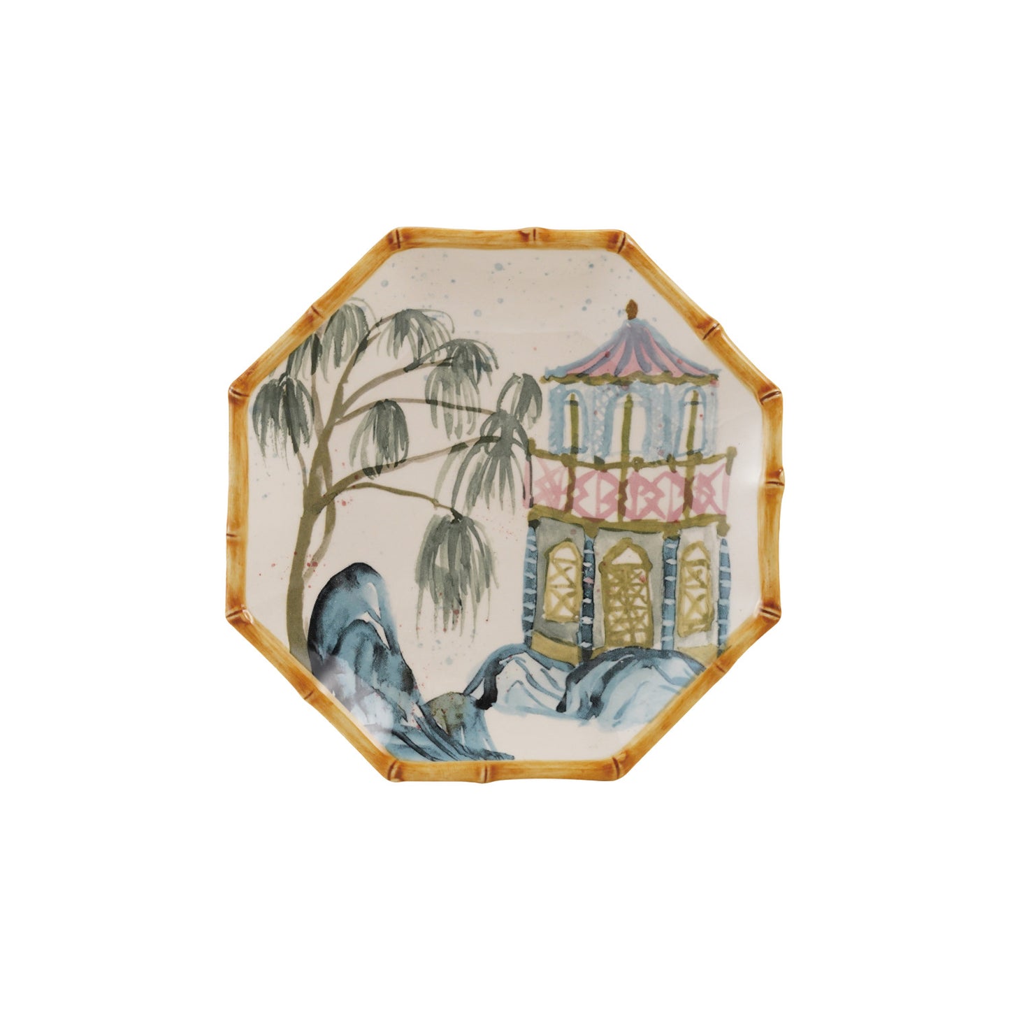 Hand-Painted Stoneware Octagon Shaped Plate w/ Bamboo Style Edge