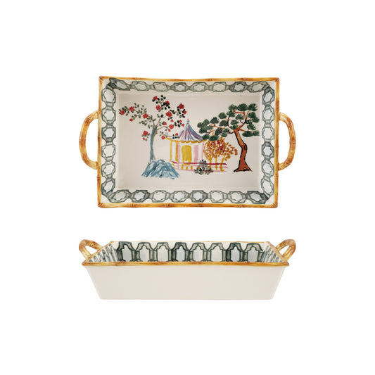 2 Qt. Hand-Painted Stoneware Baker w/ Bamboo Style Edge & Handles