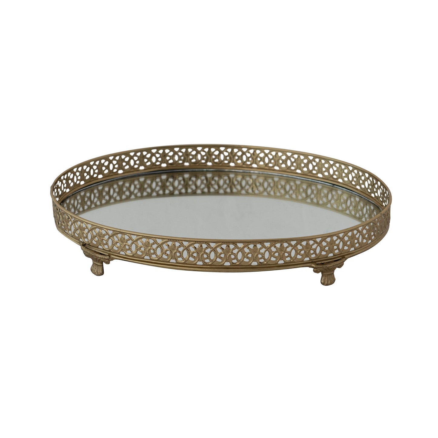 Oval Metal Filigree Footed Tray w/ Mirror