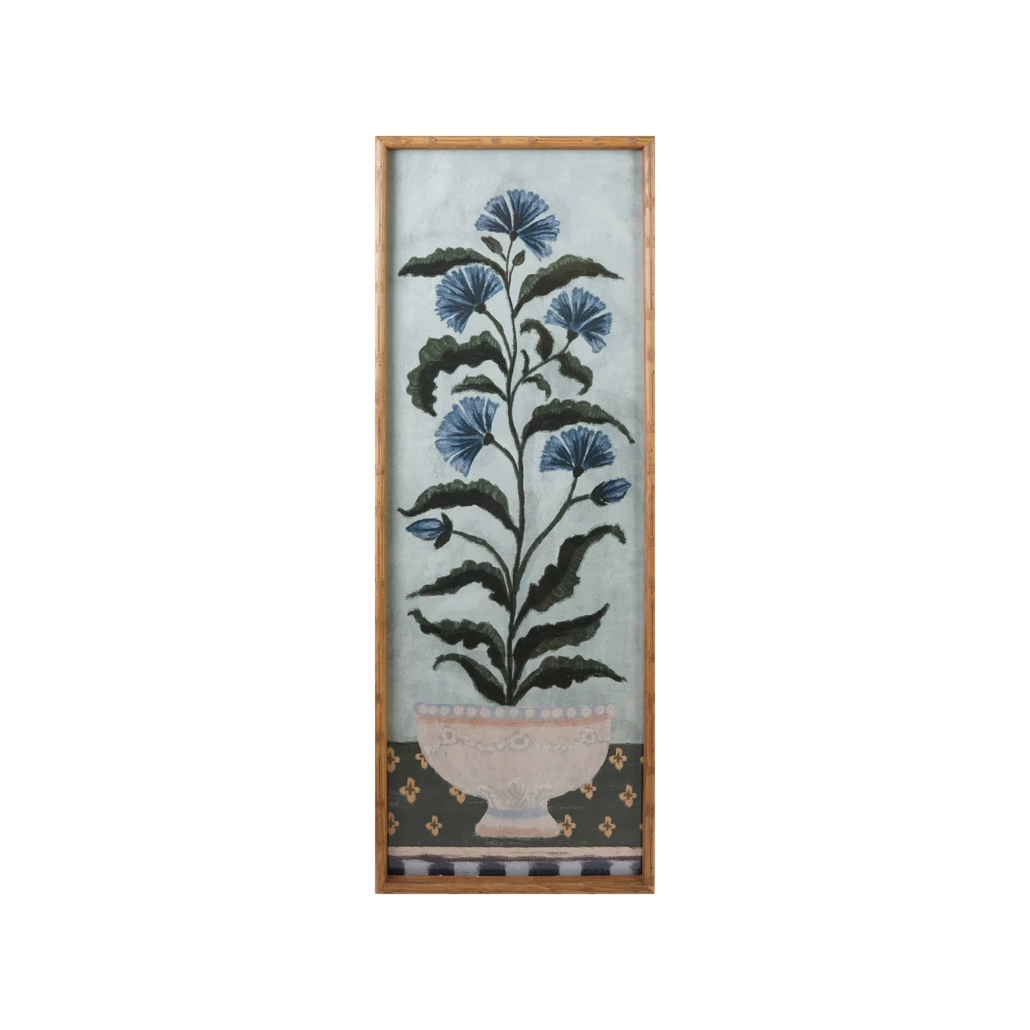 Wood Faux Bamboo Framed Glass Wall Decor w/ Potted Flower
