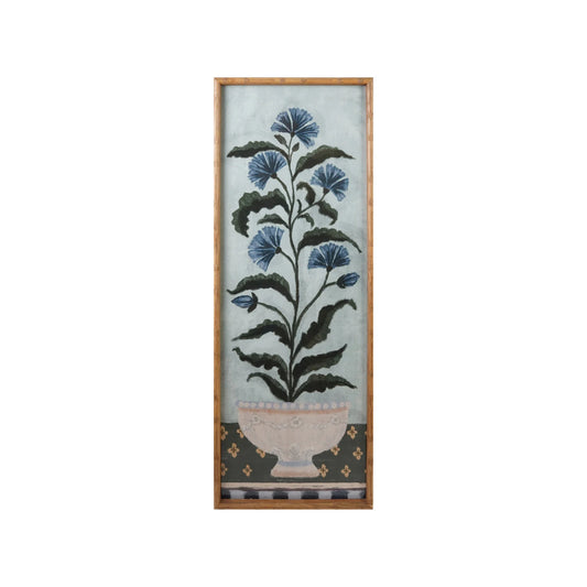 Wood Faux Bamboo Framed Glass Wall Decor w/ Potted Flower