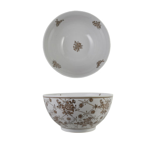 Brown & White Stoneware Bowl w/ Floral Pattern