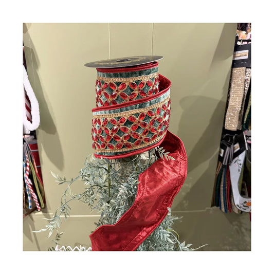 JME 4" Green Velvet Red Floret Center Metallic Dupion Trim Red Ribbon